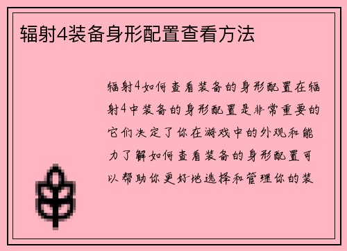 辐射4装备身形配置查看方法